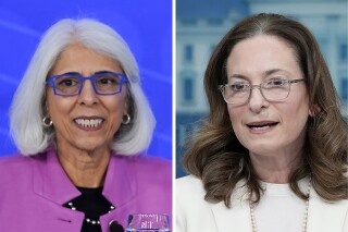Arati Prabhakar, left photo, Director of the White House Office of Science and Technology Policy, and Jennifer Klein, Director of the White House Gender Policy Council, are shown in 2023 file photos. Klein and Prabhakar are co-authors of a Thursday announcement calling on the tech industry and financial institutions to commit to new measures to curb the creation of AI-generated nonconsensual sexual imagery. (AP Photo, file)