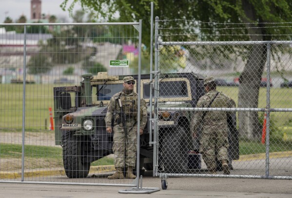 National Guard and other law enforcement are stationed at a now closed off Shelby Park, Wednesday, March 20, 2024, in Eagle Pass, Texas. (Raquel Natalicchio/Houston Chronicle via AP)