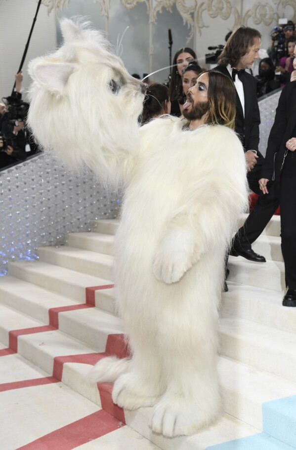 FILE - Jared Leto arrives dressed as Choupette, Karl Lagerfeld's cat, at The Metropolitan Museum of Art's Costume Institute benefit gala celebrating the opening of the "Karl Lagerfeld: A Line of Beauty" exhibition on May 1, 2023, in New York. (Photo by Evan Agostini/Invision/AP, File)