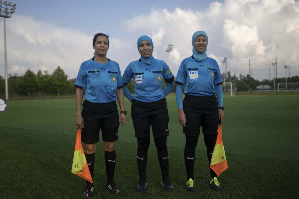 Women referees pose for a portrait after officiating a match in the Morocco's professional women league, in Rabat, Morocco, Sunday, May 21, 2023. (AP Photo/Mosa'ab Elshamy)