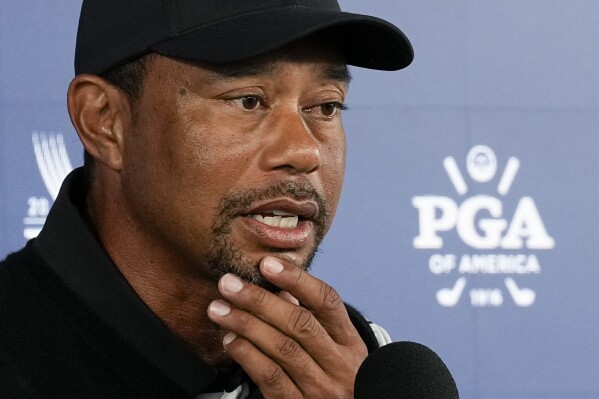 Tiger Woods speaks during a news conference at the PGA Championship golf tournament at the Valhalla Golf Club, Tuesday, May 14, 2024, in Louisville, Ky. (Ǻ Photo/Sue Ogrocki)