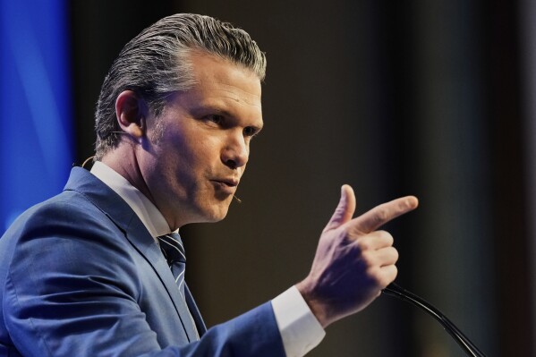 U.S. Defense Secretary Pete Hegseth delivers his speech during 22nd Shangri-La Dialogue summit in Singapore, Saturday, May 31, 2025. (AP Photo/Anupam Nath)