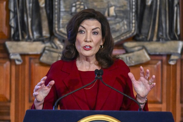 FILE - New York Gov. Kathy Hochul speaks at the state Capitol, Feb. 1, 2023, in Albany, N.Y. On Tuesday, Oct. 31, Hochul announced a probe of antisemitism policies at the City University of New York, the nation's largest urban public university system, as protests about the war between Israel and Hamas erupt at college campuses across the country. (AP Photo/Hans Pennink, File)