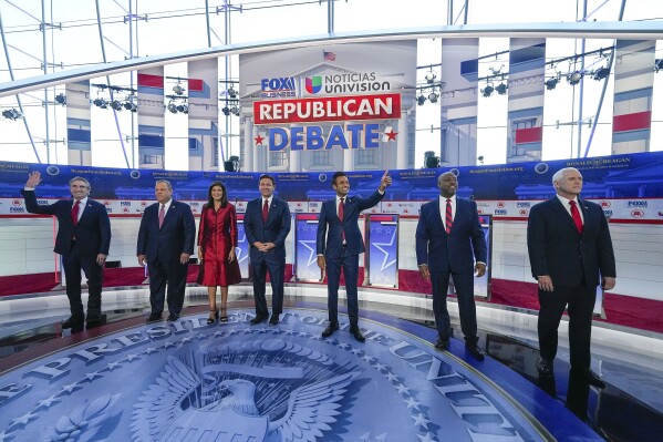 FILE - Republican presidential candidates before the start of a Republican presidential primary debate hosted by FOX Business Network and Univision, Wednesday, Sept. 27, 2023, at the Ronald Reagan Presidential Library in Simi Valley, Calif. (AP Photo/Mark Terrill, File)