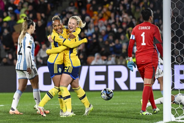 Sweden's Rebecka Blomqvist, centre, embraces teammate Madelen Janogy after scoring her team's first goal during the Women's World Cup Group G soccer match between Argentina and Sweden in Hamilton, New Zealand, Wednesday, Aug. 2, 2023. (AP Photo/Andrew Cornaga)