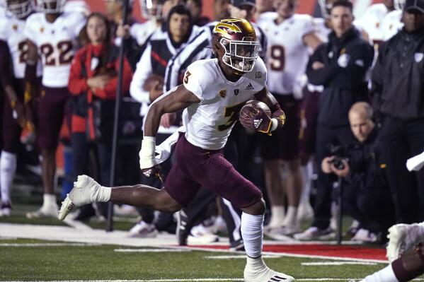 Arizona State running back Rachaad White (3) carries the ball against Utah during the first half of an NCAA college football game Saturday, Oct. 16, 2021, in Salt Lake City. (AP Photo/Rick Bowmer)