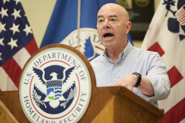 Secretary of Homeland Security Alejandro Mayorkas speaks at a news conference at the U.S. Border Patrol South Station in Eagle Pass, Texas, Monday, Jan. 8, 2024. (Jay Janner/Austin American-Statesman via AP)
