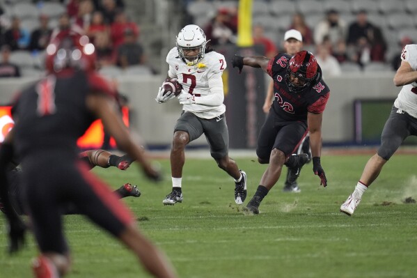 Washington State wide receiver Kyle Williams runs with the ball during the first half of an NCAA college football game against San Diego State Saturday, Oct. 26, 2024, in San Diego. (AP Photo/Gregory Bull)