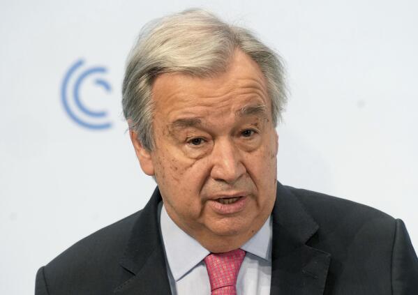 United Nations Secretary-General Antonio Guterres delivers a speech during the 'Munich Security Conference' in Munich, Germany, Friday, Feb. 18, 2022. (AP Photo/Michael Probst)
