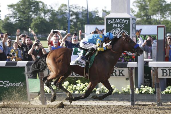 FILE - In this June 6, 2015, file photo, American Pharoah (5) with Victor Espinoza up crosses the finish line to win the 147th running of the Belmont Stakes horse race at Belmont Park in Elmont, N.Y. Triple Crown winner American Pharoah, seven-time Eclipse Award-winning trainer Todd Pletcher and 13-time champion steeplechase trainer Jack Fisher have been elected to the National Museum of Racing's Hall of Fame. The class of 2021 announced Wednesday May 5, 2021, will be enshrined Aug. 6 in Saratoga Springs, New York, along with the 2020 inductees. (AP Photo/Seth Wenig, File)
