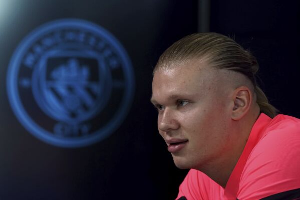 Manchester City's Erling Haaland attends a press conference at the City Football Academy, Manchester, England, Tuesday, March 5, 2024 ahead of Wednesday's Champions League, round of 16 second-leg soccer match against Copenhagen. (Nick Potts/PA via AP)