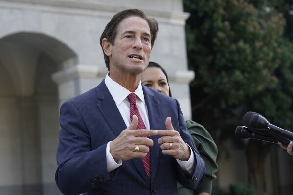FILE - Nathan Hochman talks to reporters during a news conference at the Capitol in Sacramento, Calif., Oct. 17, 2022. Hochman is among 11 candidates who are challenging Los Angeles County District Attorney George Gascón in the March 5 primary. (AP Photo/Rich Pedroncelli,File)