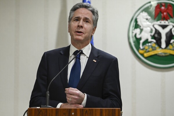 U.S. Secretary of State Antony Blinken speaks during a press conference with Minister of Foreign Affairs of Nigeria Yusuf Tuggar at the Presidential Villa in Abuja, Tuesday, Jan. 23, 2024. (Andrew Caballero-Reynolds/Pool Photo via AP)