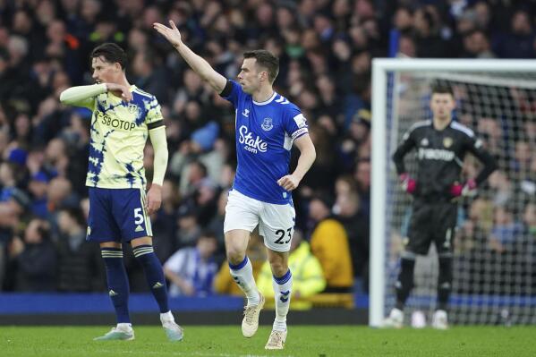 Everton's Seamus Coleman celebrates scoring against Leeds United during the English Premier League soccer match between Everton and Leeds United at Goodison Park, Liverpool, England, Saturday Feb. 18, 2023. (Peter Byrne/PA via AP)/PA via AP)