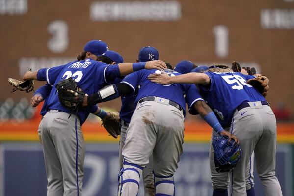 The Kansas City Royals huddle at the end of the baseball game against the Detroit Tigers, Sunday, Sept. 4, 2022, in Detroit. The Royals won 3-2. (AP Photo/Carlos Osorio)