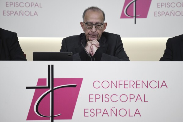 The president of the Spanish Bishops Conference, Cardinal Juan José Omella, attends a press conference in Madrid, on Tuesday, Oct. 31 2023. Spain's Catholic bishops on Monday apologized again for sex abuses committed by church members following a report by Spain's Ombudsman that accused the church of widespread negligence on the matter. (Fernando Sanchez/Europa Press via AP) **SPAIN OUT**