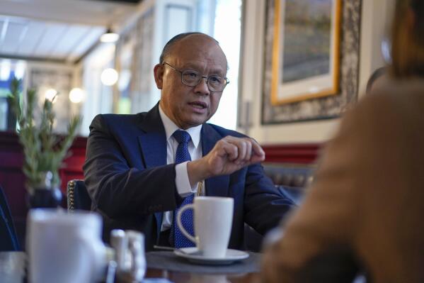 Taiwan Trade Minister John Chen-Chung Deng speaks during an interview with the Associated Press at Willard Hotel's Café du Parc, in Washington, Wednesday, May 3, 2023. (AP Photo/Carolyn Kaster)
