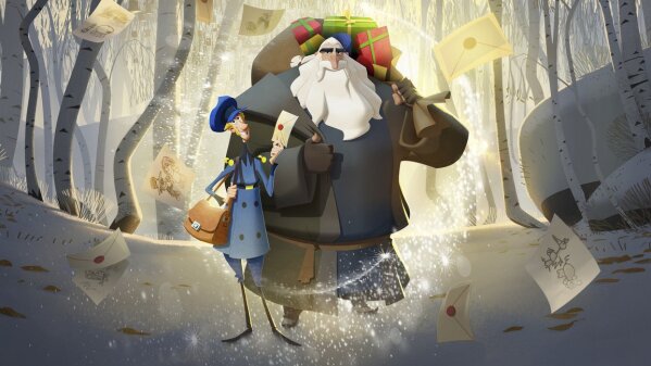 This image released by Netflix shows characters Jesper, voiced by Jason Schwartzman, left, and Klaus, voiced by J.K. Simmons, in a scene from the animated film "Klaus." (Netflix via AP)