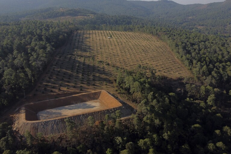 An unlicensed irrigation pond is under construction by an avocado orchard during a drought in the mountains of Villa Madero, Mexico, Wednesday, April 17, 2024. Farmers from Villa Madero who spotted the pond say they plan to meet with authorities to get the pond's owner to agree on a percentage of water usage, and if it fails, they plan to destroy it. (AP Photo/Armando Solis)