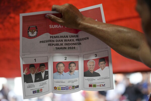 FILE - An electoral worker holds up a ballot showing a vote for presidential candidate Prabowo Subianto and his running mate Gibran Rakabuming Raka, the eldest son of Indonesian President Joko Widodo, during the vote counting at a polling station following the election in Jakarta, Indonesia, Wednesday, Feb. 14, 2024. The camps of the two presidential candidates who appear to have lost in Indonesia's election last month said Thursday they plan to challenge the results in the Constitutional Court with allegations of widespread fraud. (AP Photo/Tatan Syuflana, File)