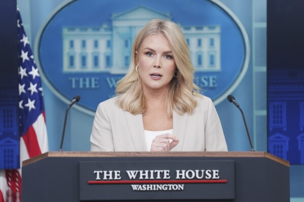White House press secretary Karoline Leavitt speaks during a press briefing at the White House, Tuesday, April 1, 2025, in Washington. (AP Photo/Evan Vucci)