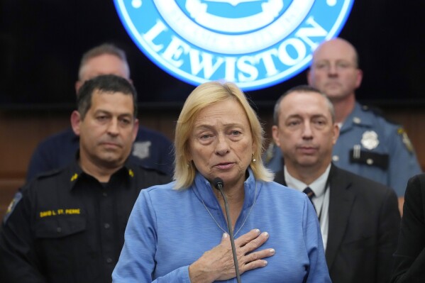 FILE - Gov. Janet Mills speaks during a news conference in the aftermath of a mass shooting, in Lewiston, Maine, Friday, Oct. 27, 2023. Gov. Mills, a Democrat, rolled out legislation on Wednesday, Feb. 21, 2024, she said will prevent dangerous people from possessing weapons and strengthening mental health services to help prevent future tragedies like the Lewiston mass shooting that shook the state. (AP Photo/Matt Rourke, File)