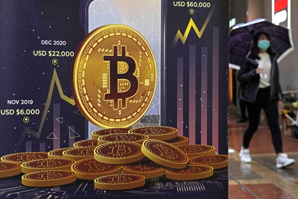 File- An advertisement for Bitcoin cryptocurrency is displayed on a street in Hong Kong, Thursday, Feb. 17, 2022. (AP Photo/Kin Cheung, File)