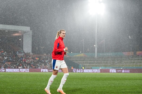 Norway's Ada Hegerberg warms up before the Women's World Cup Group A soccer match between Switzerland and Norway in Hamilton, New Zealand, Tuesday, July 25, 2023. Hegerberg was pulled out a little after the kick off. The match ended in a 0-0 draw. (AP Photo/Abbie Parr)