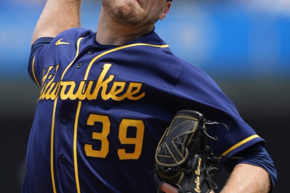 Milwaukee Brewers' Corbin Burnes pitches during the second inning of a baseball game against the Philadelphia Phillies, Thursday, July 20, 2023, in Philadelphia. (AP Photo/Matt Slocum)
