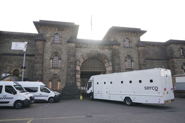 FILE - A general view of HMP Wandsworth in southwest London on Sept. 6, 2023. British police scoured a huge London park on Friday Sept. 8, 2023 for an ex-soldier who escaped from Wandsworth prison while awaiting trial on terrorism charges. (Yui Mok/PA via AP, File)