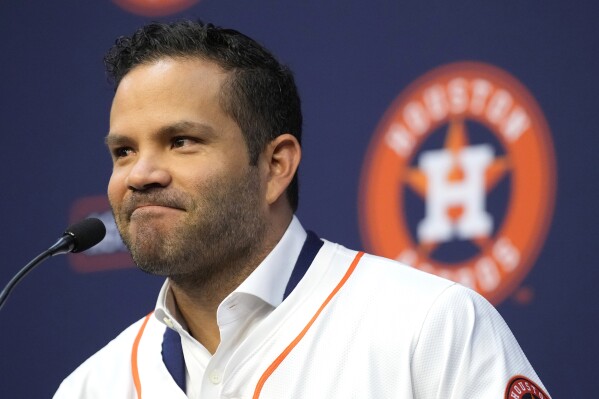 Houston Astros Jose Altuve speaks during a press conference announcing they agreed to a five-year contract extension at Minute Maid Park on Wednesday, Feb. 7, 2024, in Houston. Altuve and the Houston Astros agreed to a $125 million, five-year contract that covers 2025-29. Houston announced a new multiyear deal for Altuve on Tuesday without disclosing financial details. (Karen Warren/Houston Chronicle via AP)