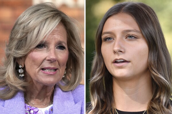 CORRECTS THE AGE OF DUVALL - This combination photo shows first lady Jill Biden in Washington, Nov. 13, 2023, left, and Hadley Duvall in Versailles, Ky., Sept. 20, 2023. Duvall, a 22-year-old woman who became a vocal reproductive rights advocate after she was raped by her stepfather as a child, will campaign with Biden in Pennsylvania on Sunday, June 23, 2024, as part of an election push around the anniversary of the fall of Roe v. Wade. (AP Photo)