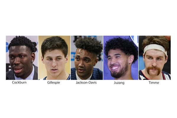 FILE - These are 2020 and 2021 file photos showing, from left; Illinois' Kofi Cockburn, Villanova's Collin Gillespie, Indiana's Trayce Jackson-Davis, UCLA's Johnny Juzang and Gonzaga's Drew Timme. Drew Timme of Gonzaga is the lone unanimous selection on The Associated Press preseason All-America NCAA college basketball team, announced Monday, Oct. 25, 2021. He was joined by Illinois big man Kofi Cockburn, UCLA guard Johnny Juzang, Villanova point guard Collin Gillespie and Indiana forward Trayce Jackson-Davis. (AP Photo/File)