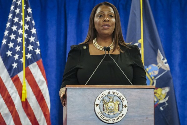 New York Attorney General Letitia James speaks during a press briefing, Friday, Feb. 16, 2024, in New York. A New York judge ordered Donald Trump and his companies on Friday to pay $355 million in penalties, finding they engaged in a yearslong scheme to dupe banks and others with financial statements that inflated his wealth.(AP Photo/Bebeto Matthews)