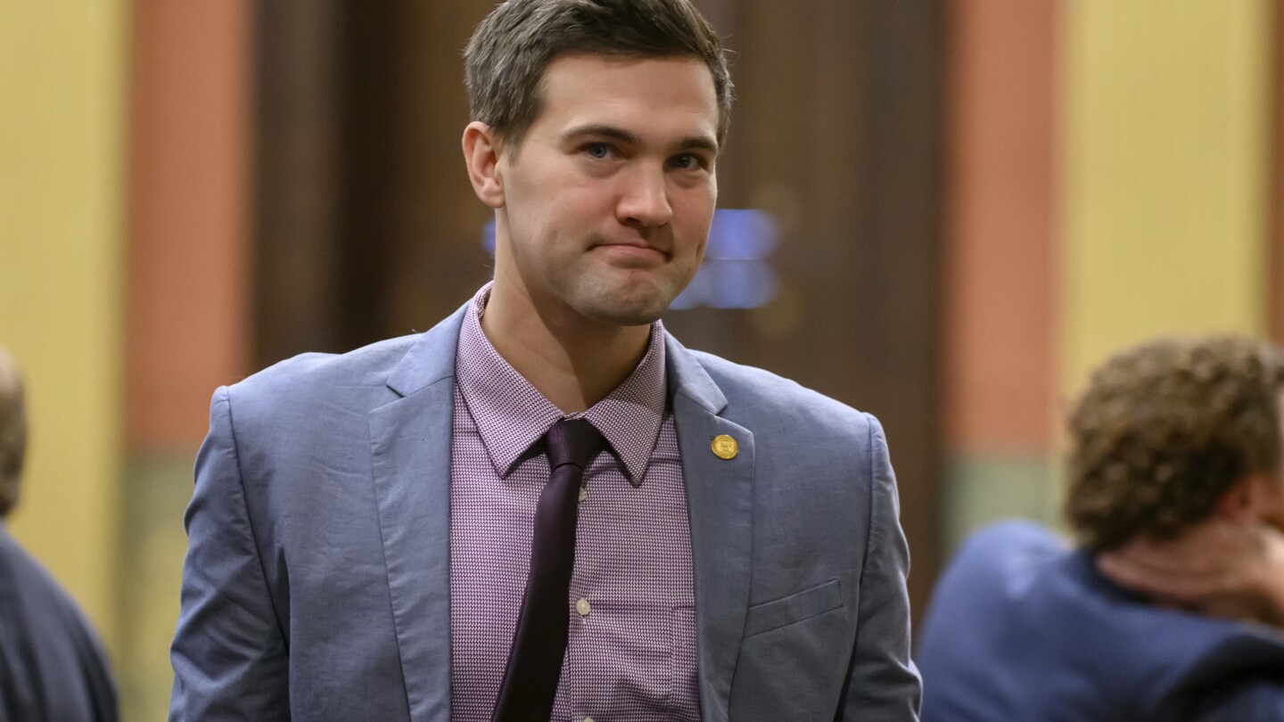 Rep. Josh Schriver on the floor of the Michigan House of Representatives, at the Michigan Capitol, in Lansing, Mich., on Oct. 10, 2023. The Republican