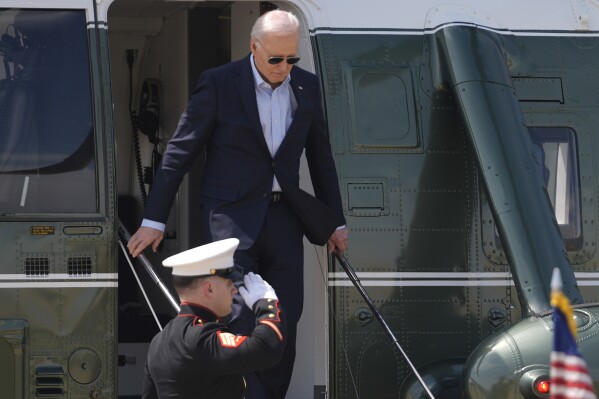 President Joe Biden arrives at Delaware Air National Guard Base, Tuesday, April 30, 2024, in Wilmington, Del. (AP Photo/Evan Vucci)