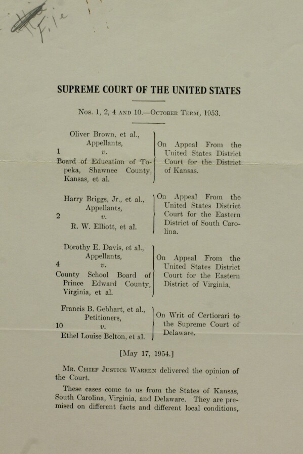 An original document from the case of Brown v. Board of Education on display at the National Archives. 