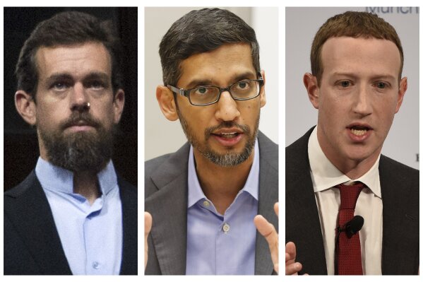 This combination of 2018-2020 photos shows, from left, Twitter CEO Jack Dorsey, Google CEO Sundar Pichai, and Facebook CEO Mark Zuckerberg. Less than a week before Election Day, the CEOs of Twitter, Facebook and Google are set to face a grilling by Republican senators who accuse the tech giants of anti-conservative bias. Democrats are trying to expand the discussion to include other issues such as the companies' heavy impact on local news.  The Senate Commerce Committee has summoned Twitter CEO Jack Dorsey, Facebook’s Mark Zuckerberg and Google’s Sundar Pichai to testify for a hearing Wednesday. The executives have agreed to appear remotely after being threatened with subpoenas. (AP Photo/Jose Luis Magana, LM Otero, Jens Meyer)