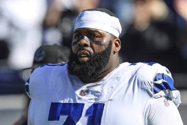 FILE - Dallas Cowboys offensive tackle Jason Peters (71) waits on the sideline before an NFL football game against the Jacksonville Jaguars, Sunday, Dec. 18, 2022, in Jacksonville, Fla. The Seattle Seahawks signed veteran offensive tackle Jason Peters on Tuesday, Sept. 12, 2023, with the team having concerns about the health of both of their starting tackles. (AP Photo/Gary McCullough, File)