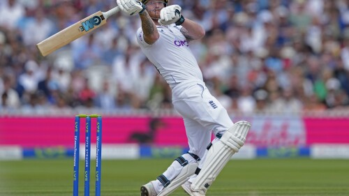 England captain Ben Stokes reacts by hitting a six during the fifth day of the second Ashes Test match between England and Australia, Sunday, July 2, 2023 at Lord's Cricket Ground in London.  (AP Photo/Kirsty Wigglesworth)