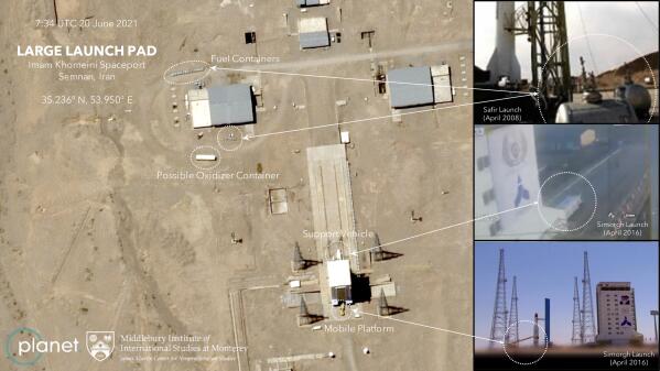 This satellite image provided by Planet Labs Inc. that has been annotated by experts at the James Martin Center for Nonproliferation Studies at Middlebury Institute of International Studies shows preparation at the Imam Khomeini Spaceport in Iran's Semnan province on  June 20, 2021 before what experts believe will be the launch of a satellite-carrying rocket. Iran likely conducted a failed launch of a satellite-carrying rocket in recent days and now appears to be preparing to try again, their latest effort to advance their space program amid tensions with the West over its tattered nuclear deal. (Planet Labs Inc., James Martin Center for Nonproliferation Studies at Middlebury Institute of International Studies via AP)