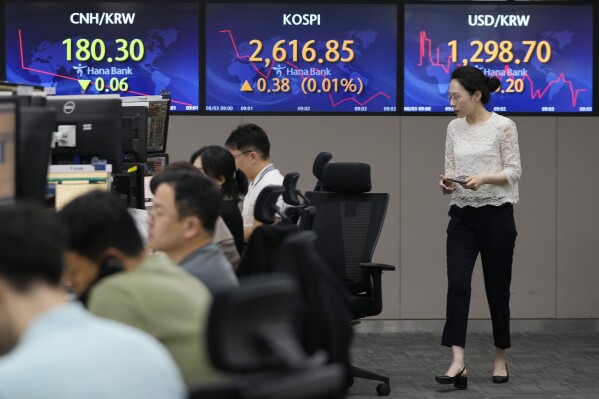 A currency trader passes by screens showing the Korea Composite Stock Price Index (KOSPI), top center, and the foreign exchange rate between U.S. dollar and South Korean won, top right, at the foreign exchange dealing room of the KEB Hana Bank headquarters in Seoul, South Korea, Thursday, Aug. 3, 2023. Asian stock markets followed Wall Street lower on Thursday after Fitch Ratings cut the United States government's credit rating.(AP Photo/Ahn Young-joon)