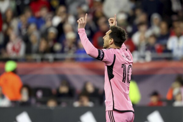 Inter Miami forward Lionel Messi reacts after scoring in the first half of an MLS soccer match against the New England Revolution, Saturday, April 27, 2024, in Foxborough, Mass. (AP Photo/Mark Stockwell)