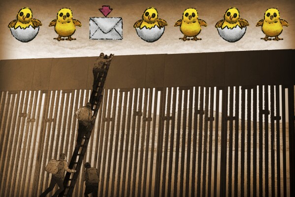 Illustration of migrants climbing over a border barrier with emojis overlayed on the scene, based on hundreds of TikTok videos reviewed by the AP. (AP Illustration / Peter Hamlin)