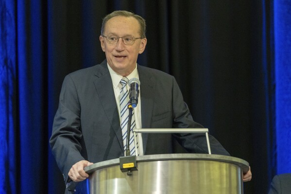 Longtime California seminary president Jeff Iorg addresses members of the Southern Baptist Convention's Executive Committee during a meeting on Thursday, March 21, 2024, in Dallas, Texas, where he was named the next president and CEO of the committee. (Adam Covington/Baptist Press via AP)