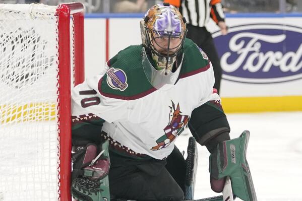 Arizona Coyotes goaltender Karel Vejmelka (70) protects his net during the second period of an NHL hockey game against the New York Islanders Thursday, Nov. 10, 2022, in Elmont, N.Y. (AP Photo/Frank Franklin II)