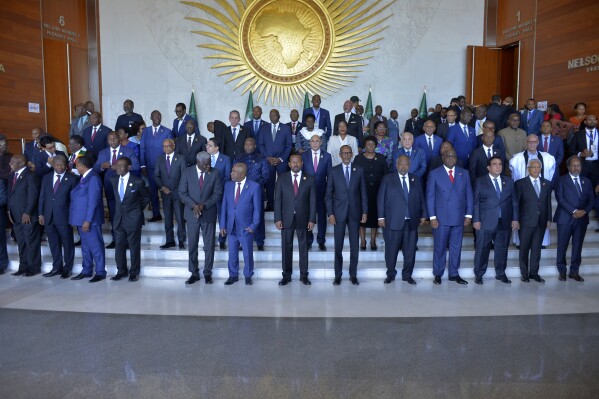 African heads of state, gather for a group photograph at the 37th Ordinary session of the Assembly of the African Union (AU) Summit at the AU headquarters in Addis Ababa, Ethiopia, Saturday, Feb. 17, 2024. Leaders at the summit have condemned Israel’s offensive in Gaza and called for its immediate end. (AP Photo)