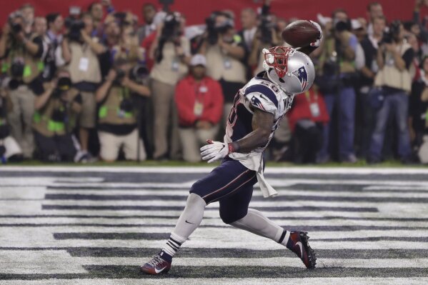 
              New England Patriots' James White celebrates his touchdown, during the second half of the NFL Super Bowl 51 football game against the Atlanta Falcons, Sunday, Feb. 5, 2017, in Houston. (AP Photo/Matt Slocum)
            