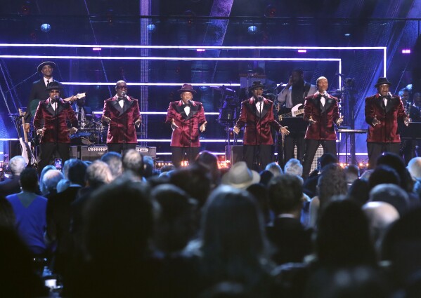 Ricky Bell, from left, Johnny Gill, Michael Bivins, Ralph Tresvant, Ronnie DeVoe, and Bobby Brown of New Edition perform during the Rock & Roll Hall of Fame Induction Ceremony on Friday, Nov. 3, 2023, at Barclays Center in New York. (Photo by Andy Kropa/Invision/AP)
