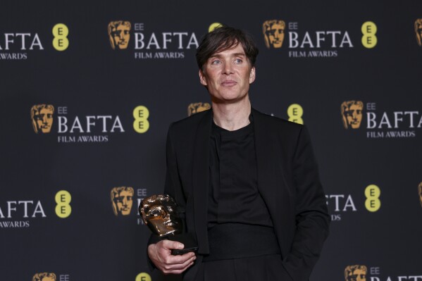 Cillian Murphy, winner of the leading actor award for 'Oppenheimer', poses for photographers at the 77th British Academy Film Awards, BAFTA's, in London, Sunday, Feb. 18, 2024. (Photo by Vianney Le Caer/Invision/AP)